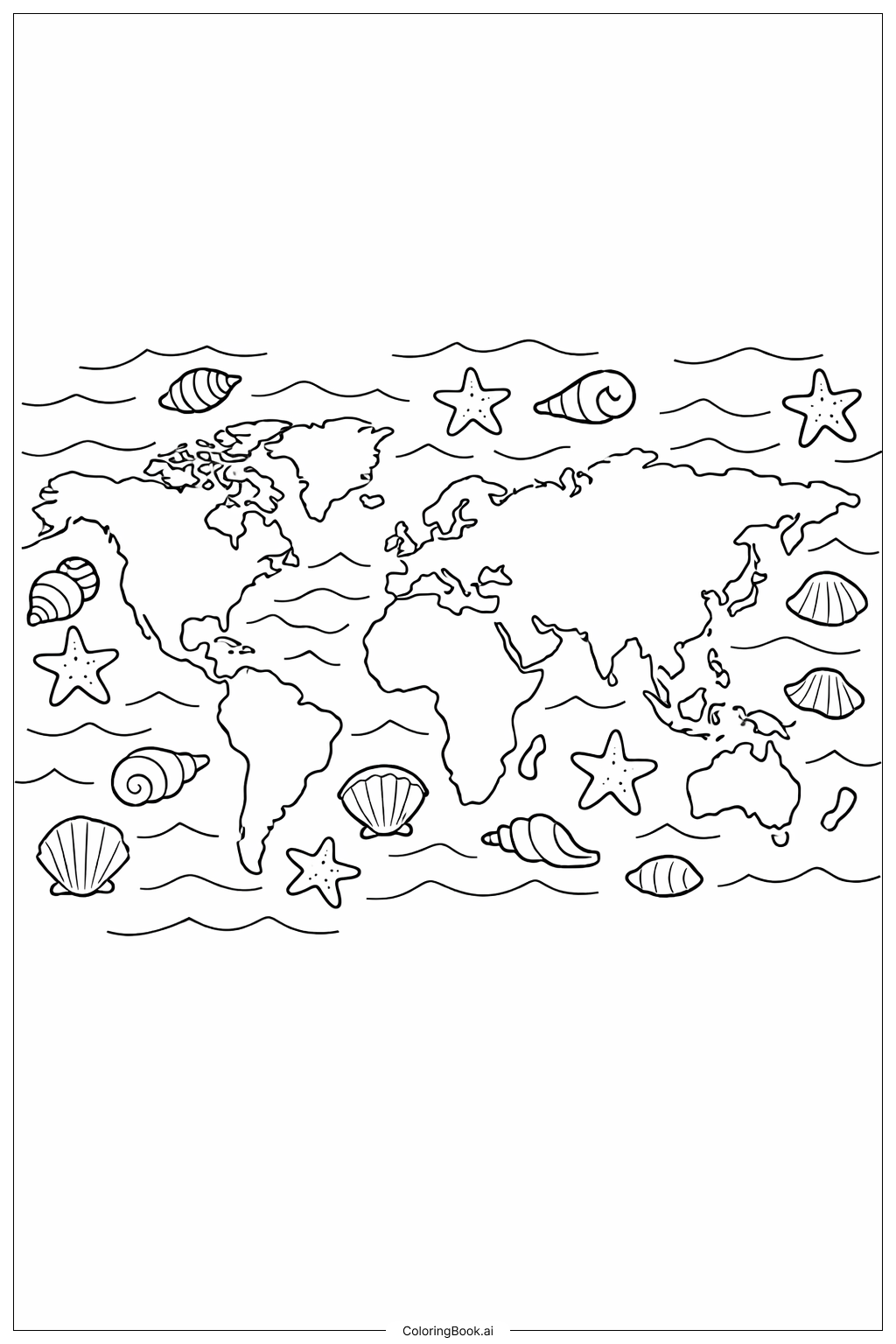 바다 생물과 조개가 있는 세계 지도