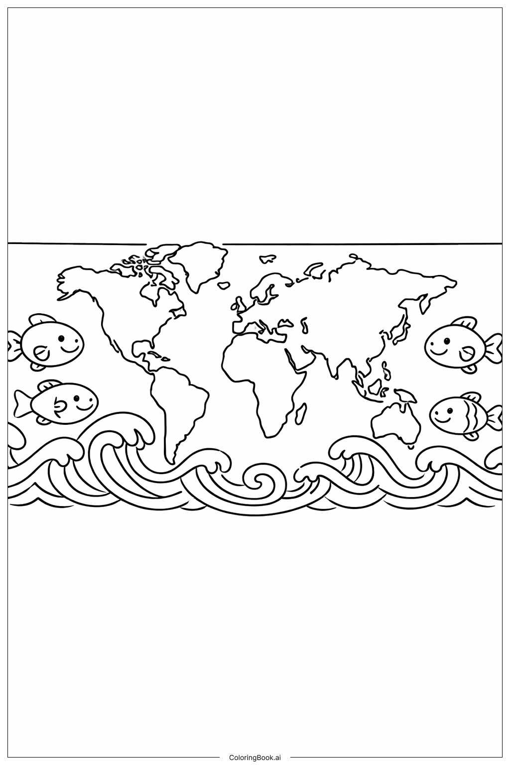 바다 파도가 있는 세계 지도 색칠공부 페이지