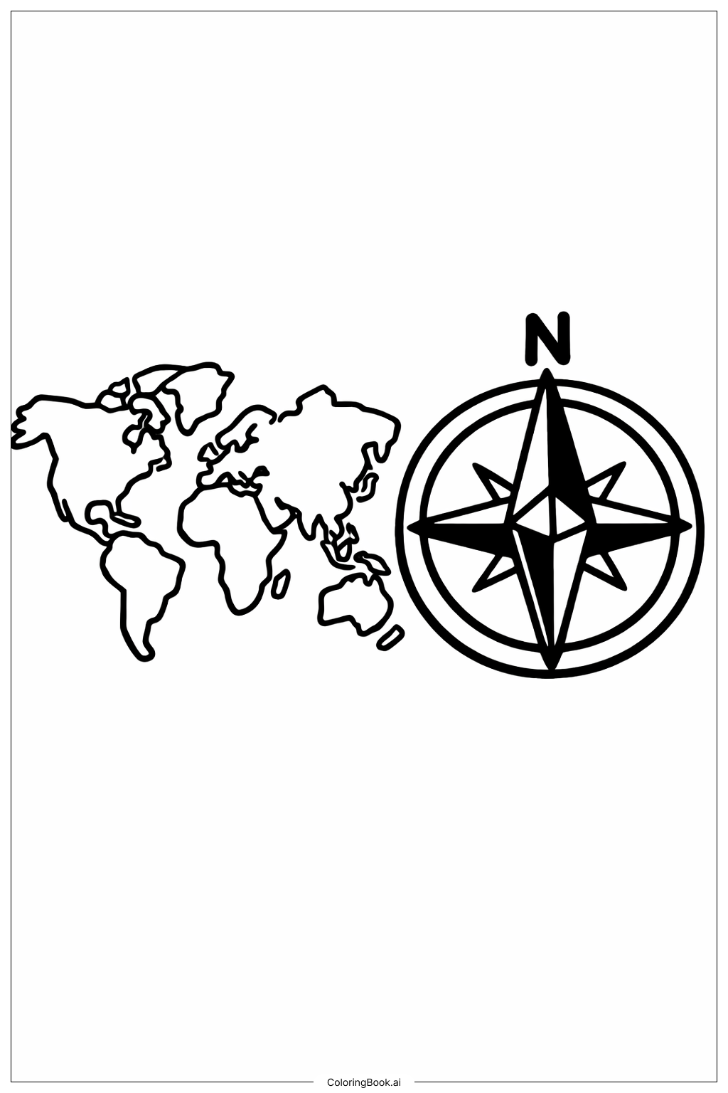 간단한 나침반이 있는 세계 지도 색칠공부 페이지