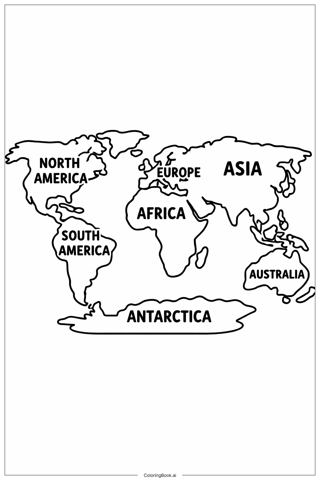 간단한 라벨이 있는 세계 지도 색칠공부 페이지