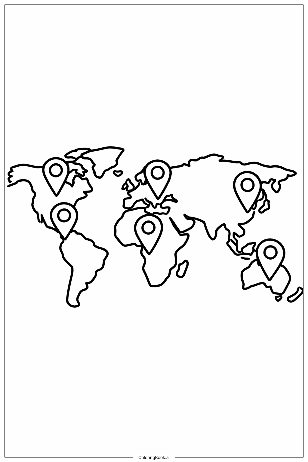 간단한 지도 핀과 함께하는 세계 지도 색칠공부 페이지