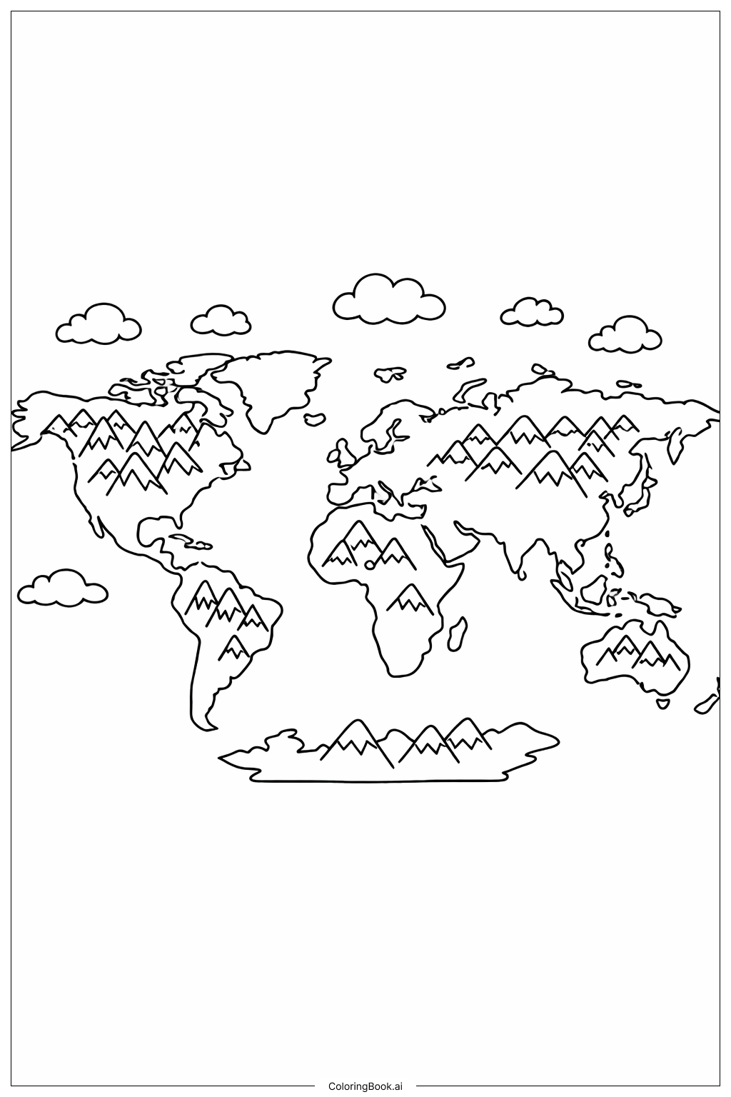  간단한 산이 있는 세계 지도 색칠공부 페이지 