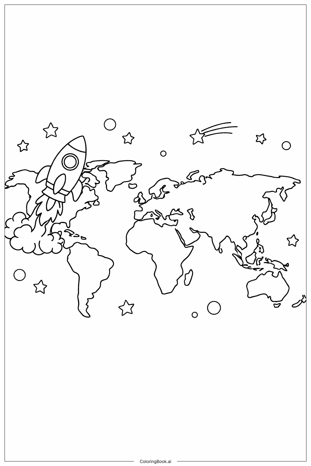  우주로켓과 세계지도 색칠공부 페이지 
