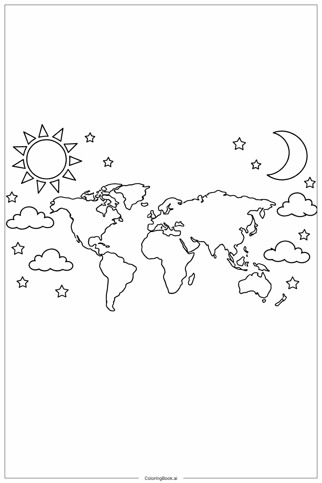 해와 달이 있는 세계 지도 색칠공부 페이지