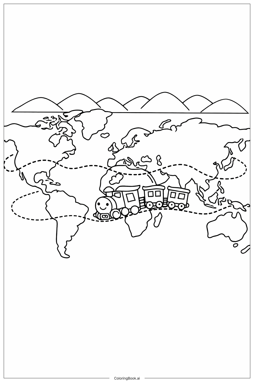 여행 기차가 있는 세계 지도 색칠공부 페이지