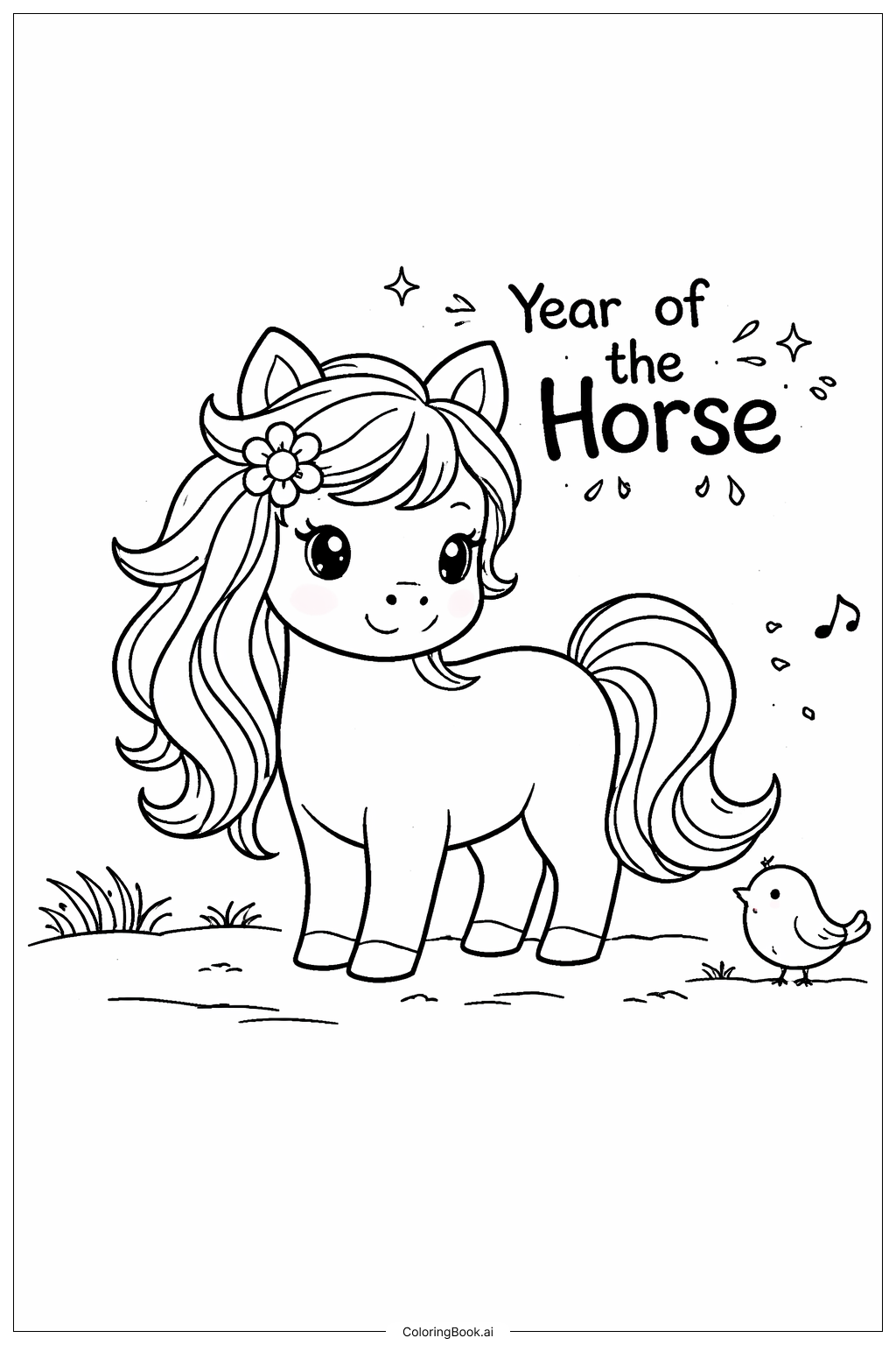  馬年小馬與鳥著色頁 