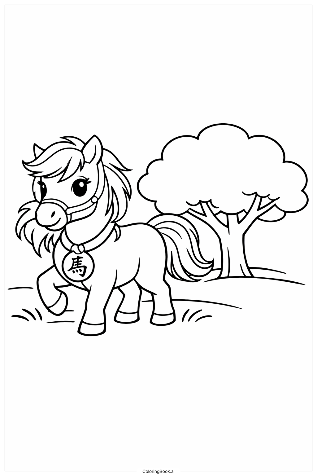  馬年小馬與樹著色頁 