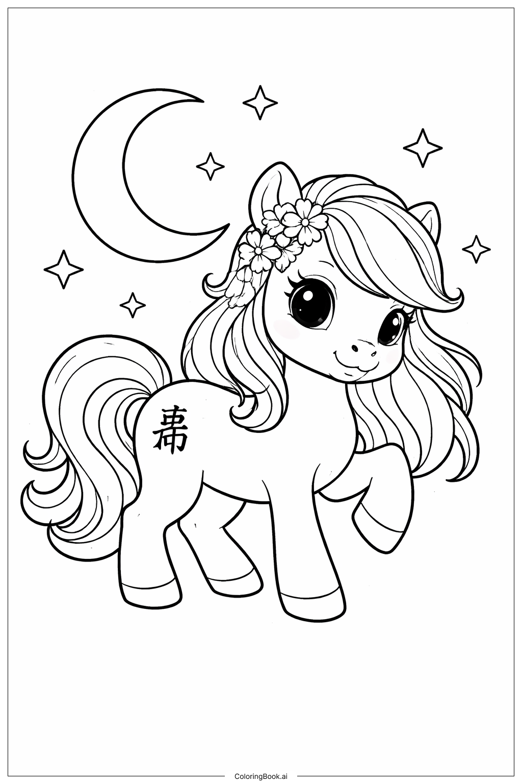  馬年小馬配月亮著色頁 