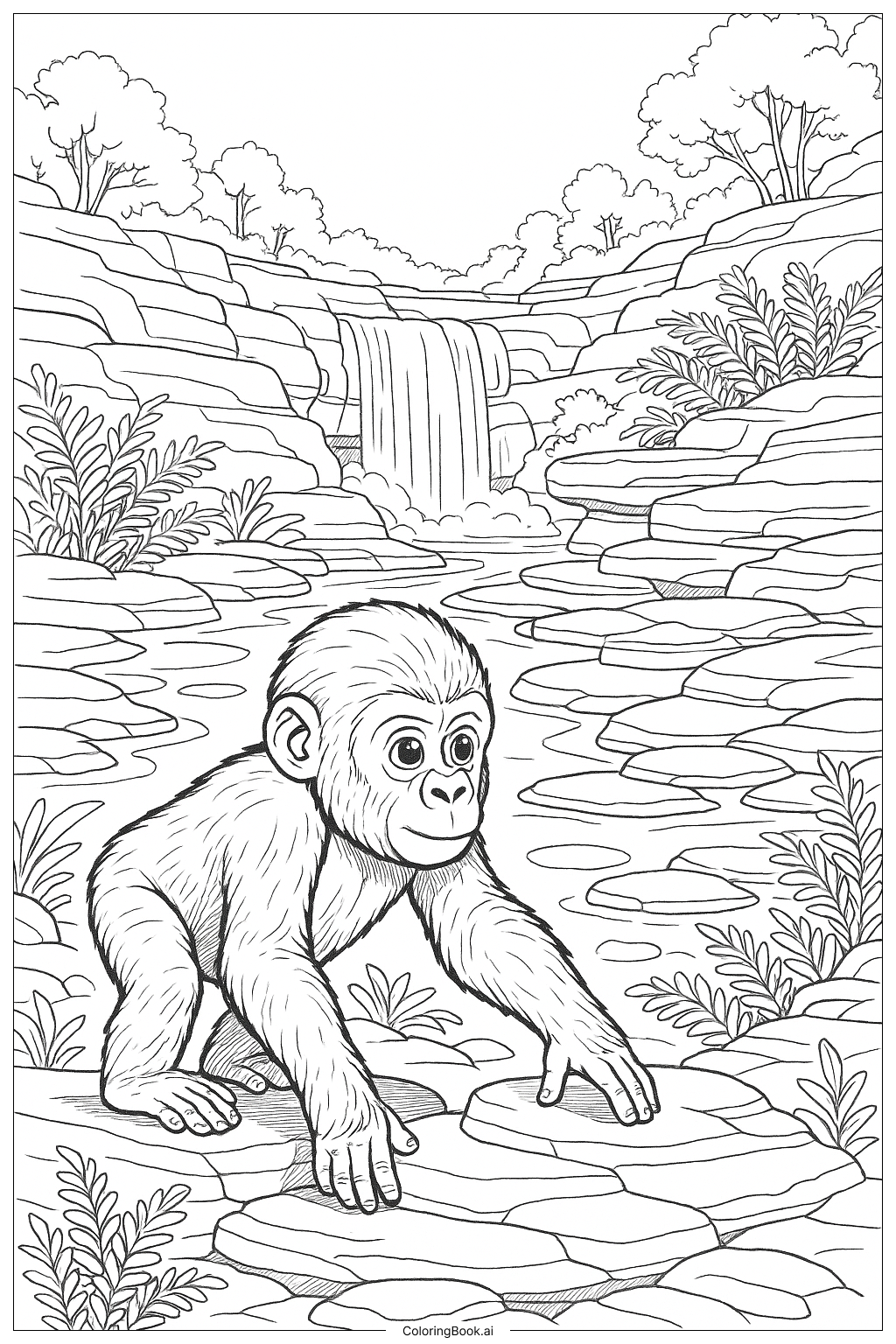  滝を探検する若いゴリラの塗り絵ページ 