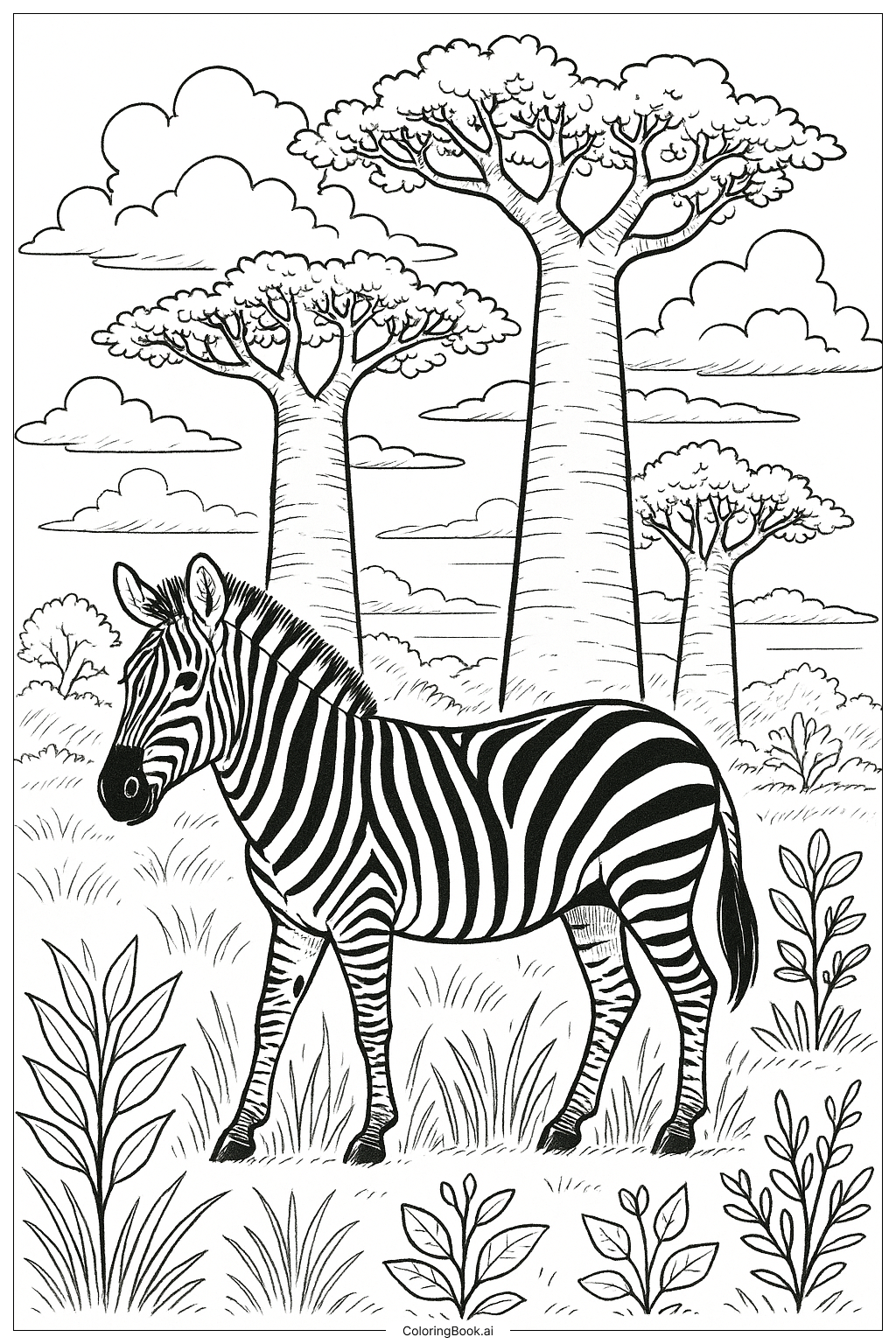  바오밥 나무 사이 얼룩말 색칠공부 페이지 