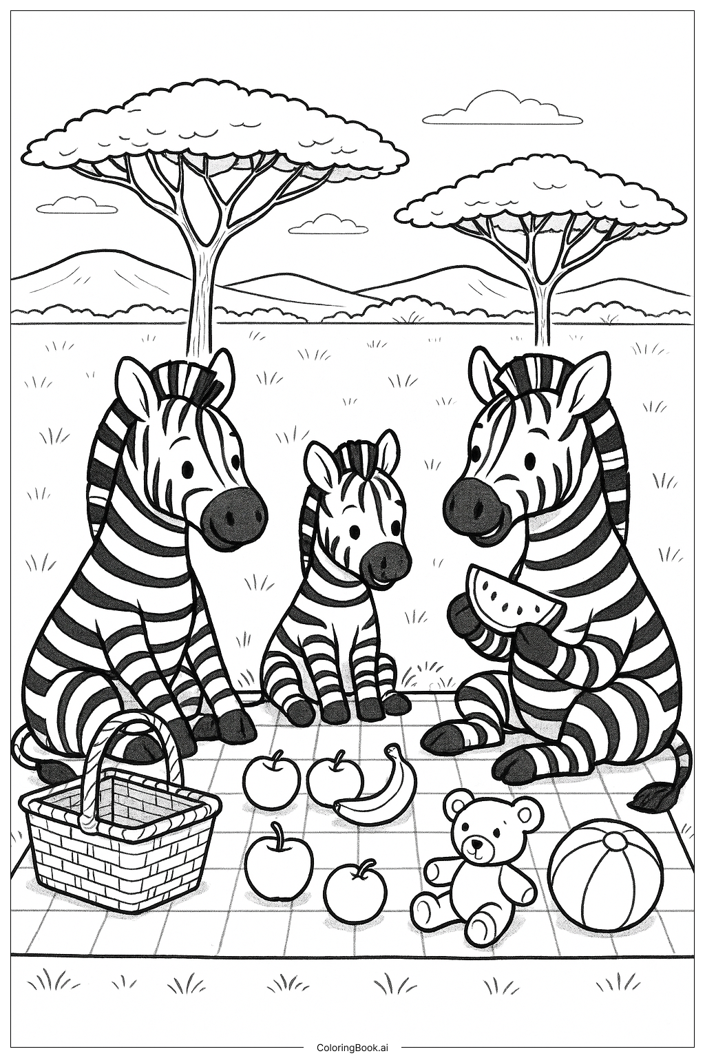  얼룩말 가족 소풍 색칠공부 페이지 