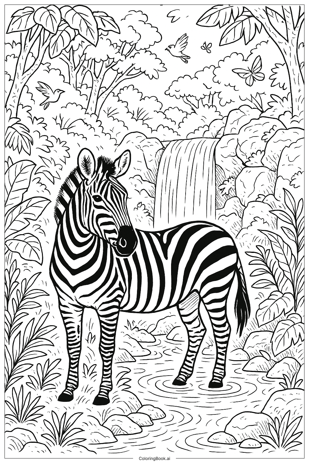  정글 폭포 속 얼룩말 색칠공부 페이지 