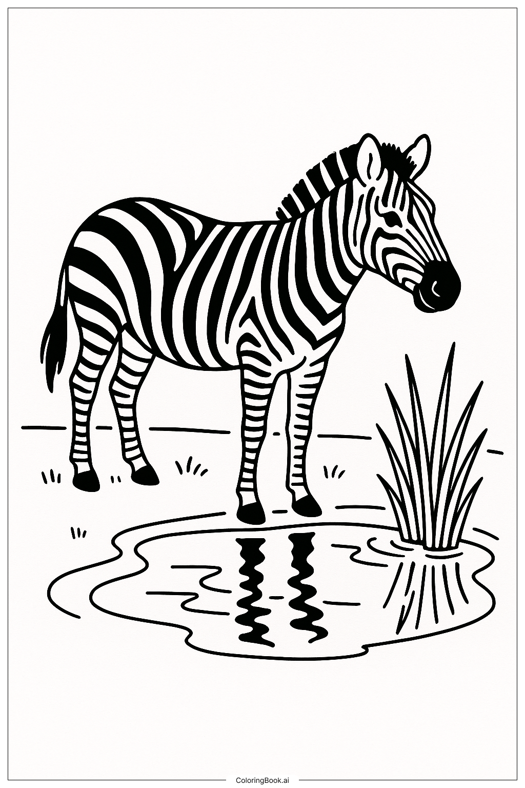  물웅덩이 근처 얼룩말 색칠공부 페이지 