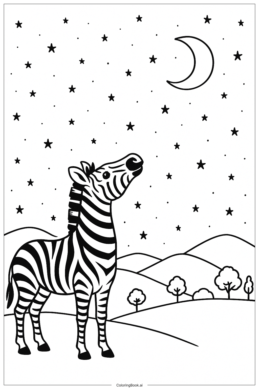  별이 빛나는 하늘 아래 얼룩말 색칠공부 페이지 