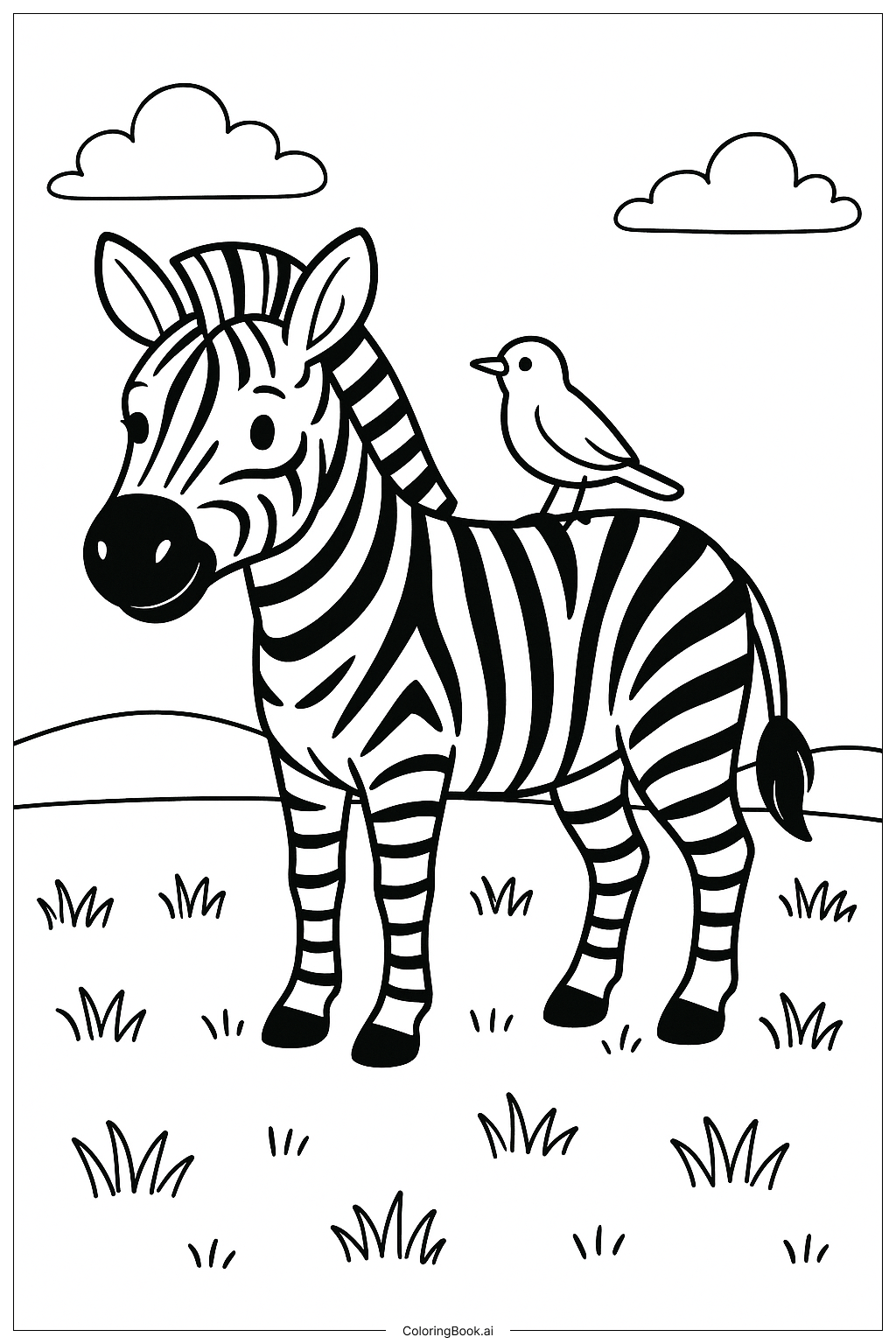  작은 새가 있는 얼룩말 색칠공부 페이지 