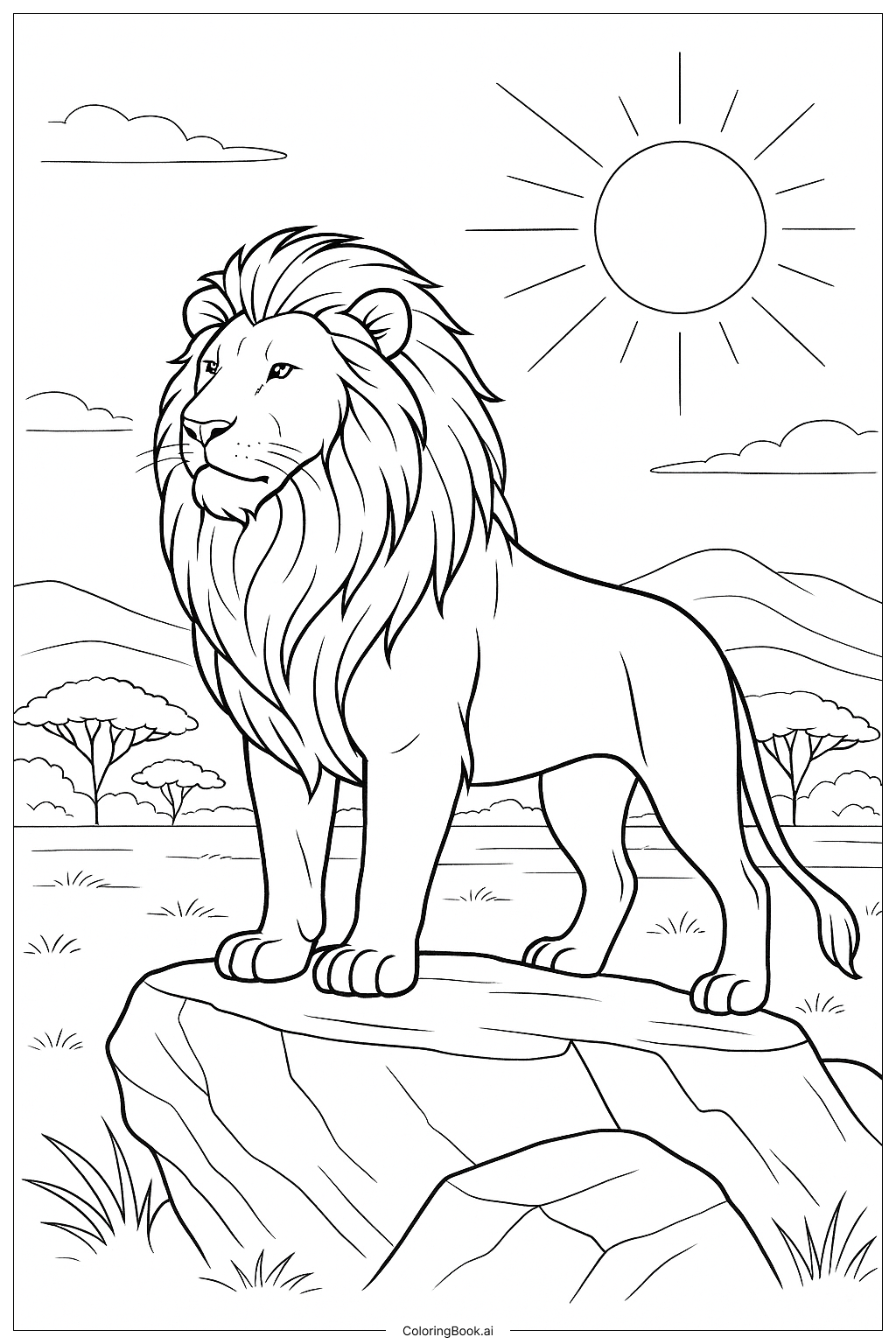  Página para colorear de Majestuoso León Animal del Zoológico en la Roca 