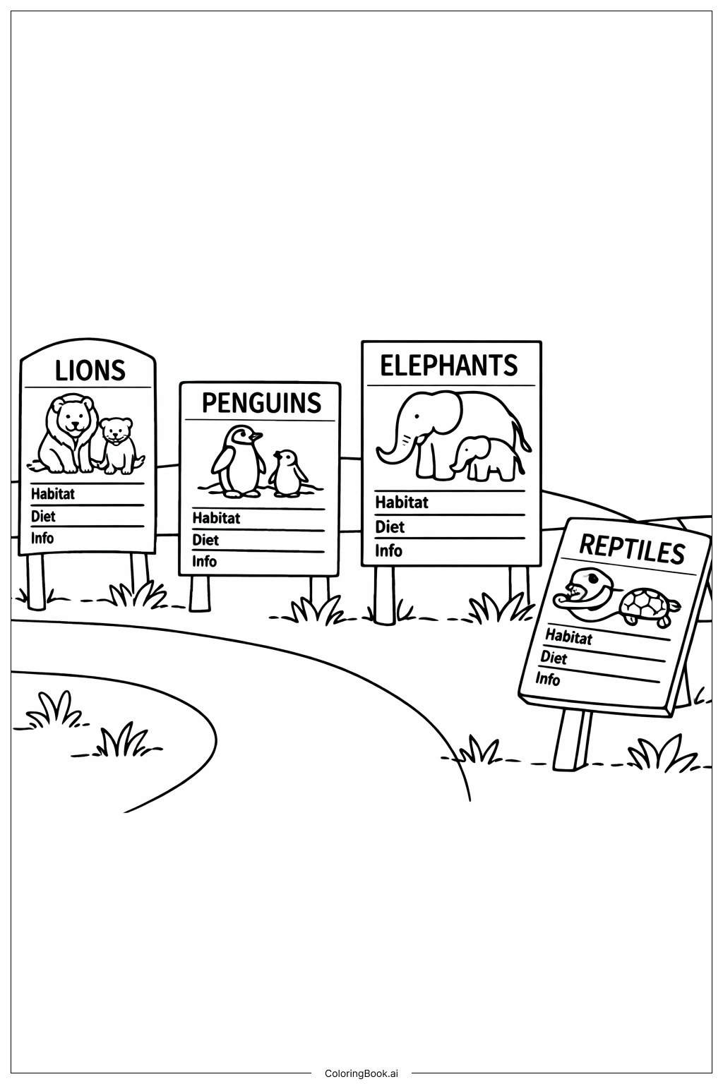  動物園の動物の標識の塗り絵ページ 