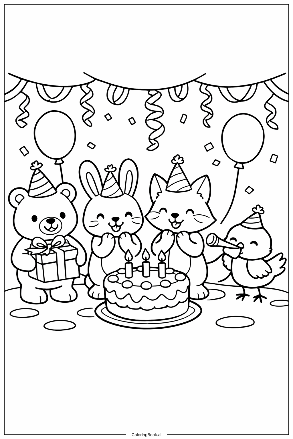  動物園の誕生日パーティーの塗り絵ページ 