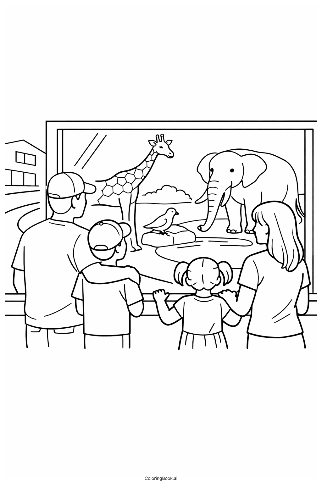  動物園の家族訪問の塗り絵ページ 