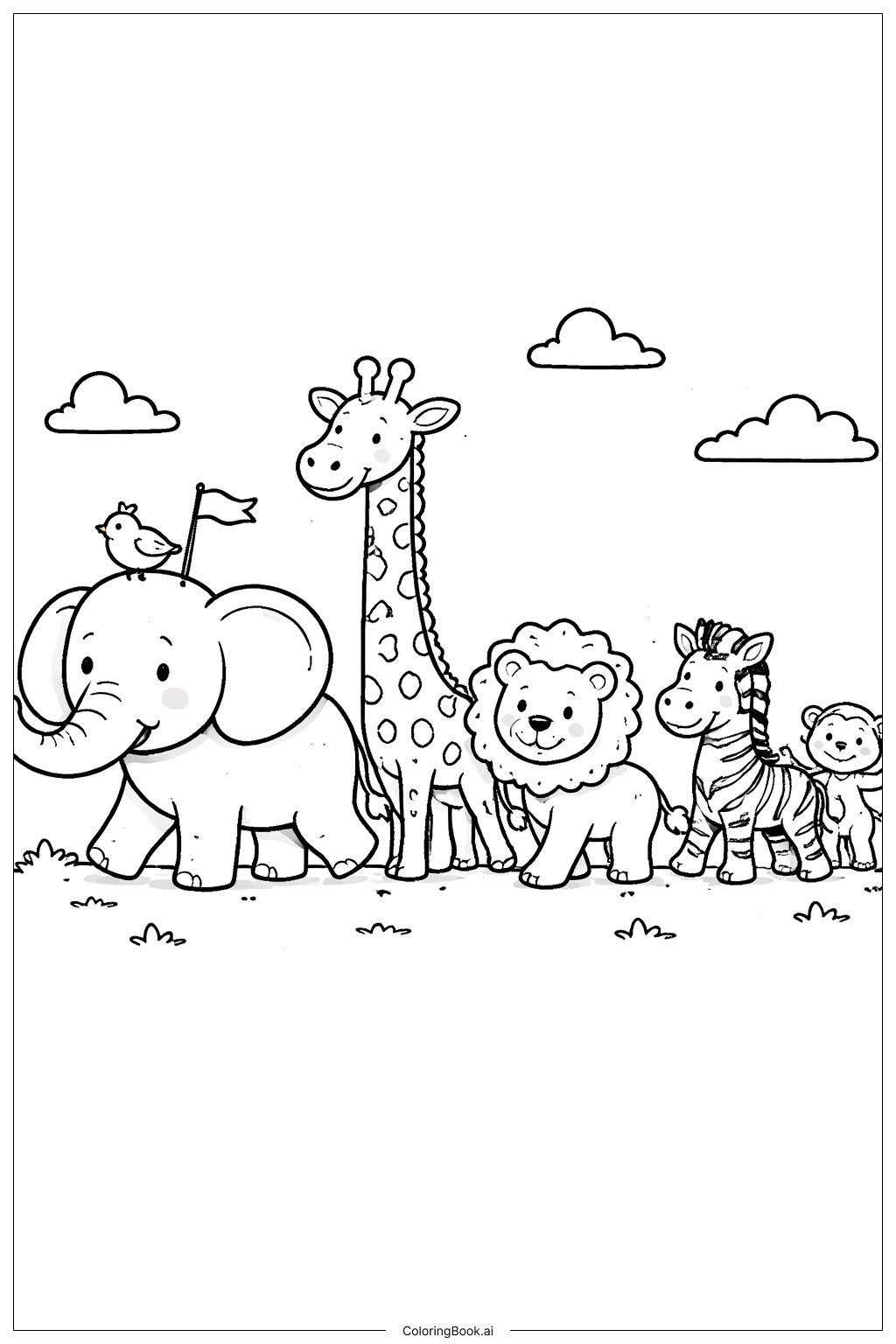  動物園の動物パレードの塗り絵ページ 