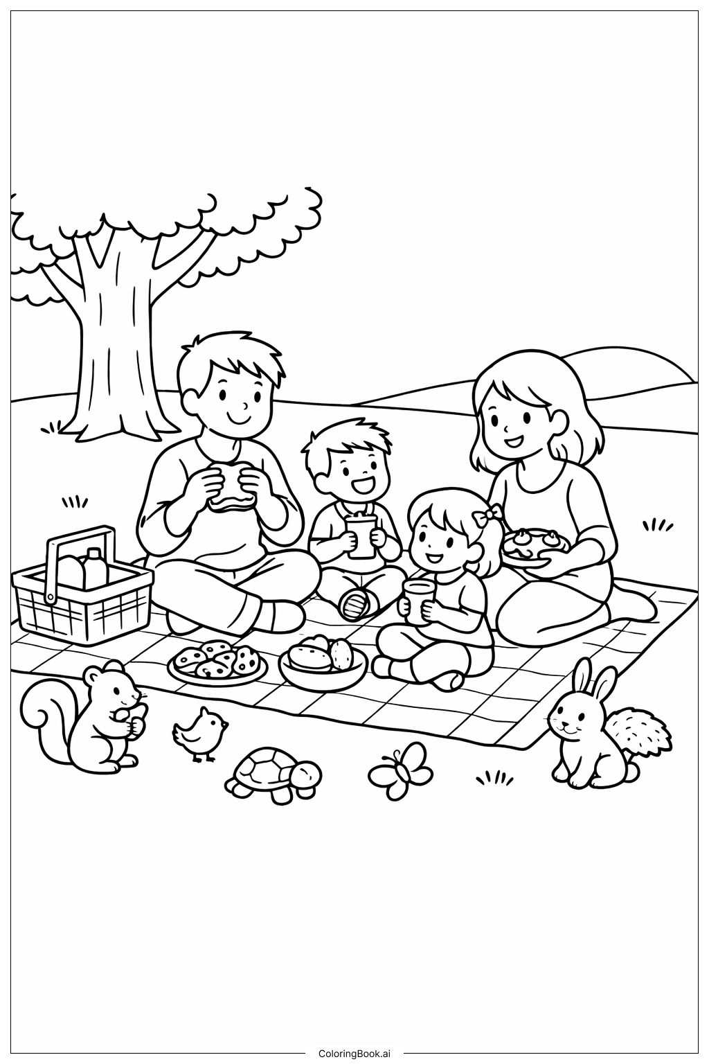  友達と動物園ピクニックの塗り絵ページ 