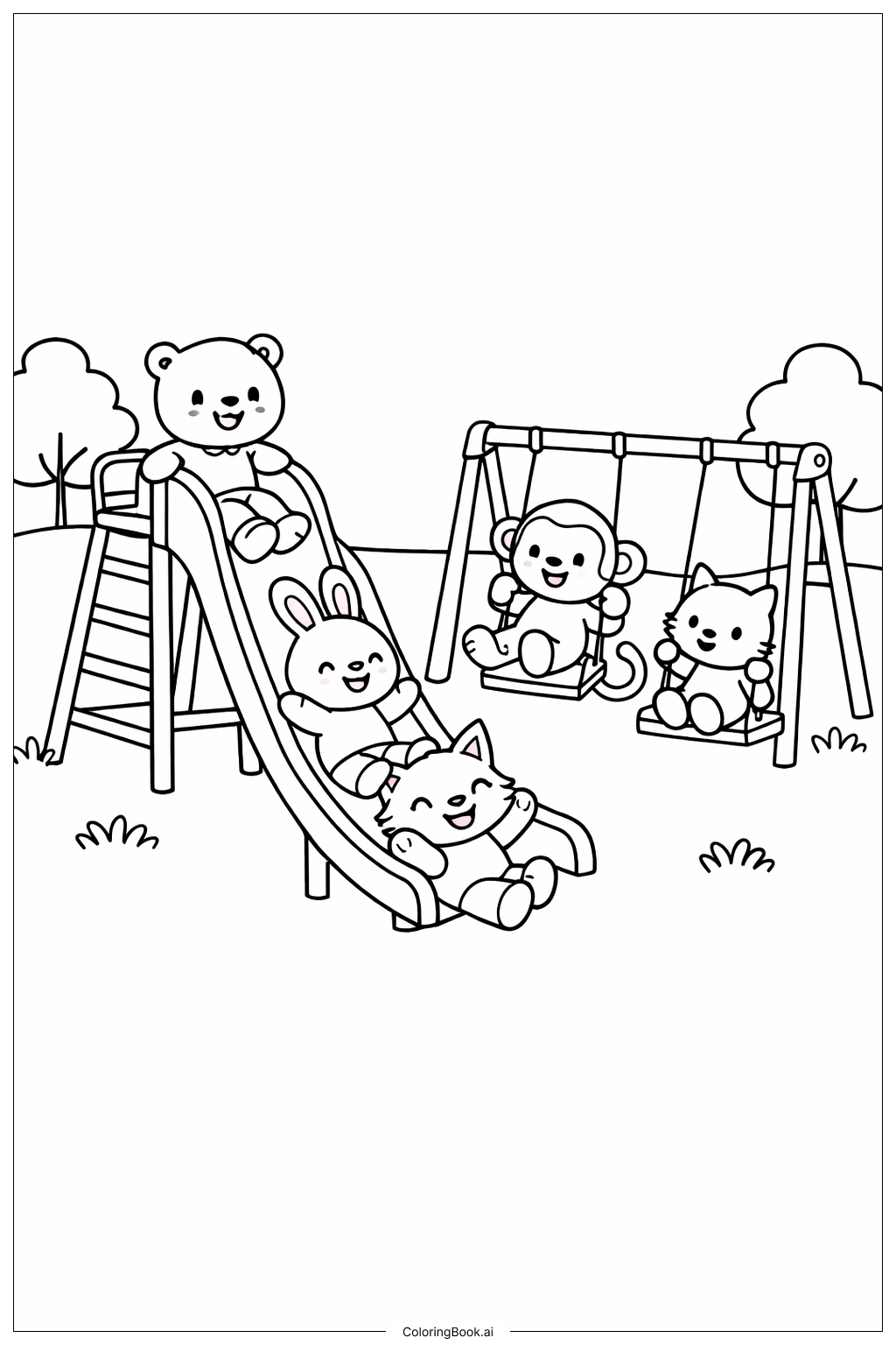  동물원 놀이터 장면 색칠공부 페이지 