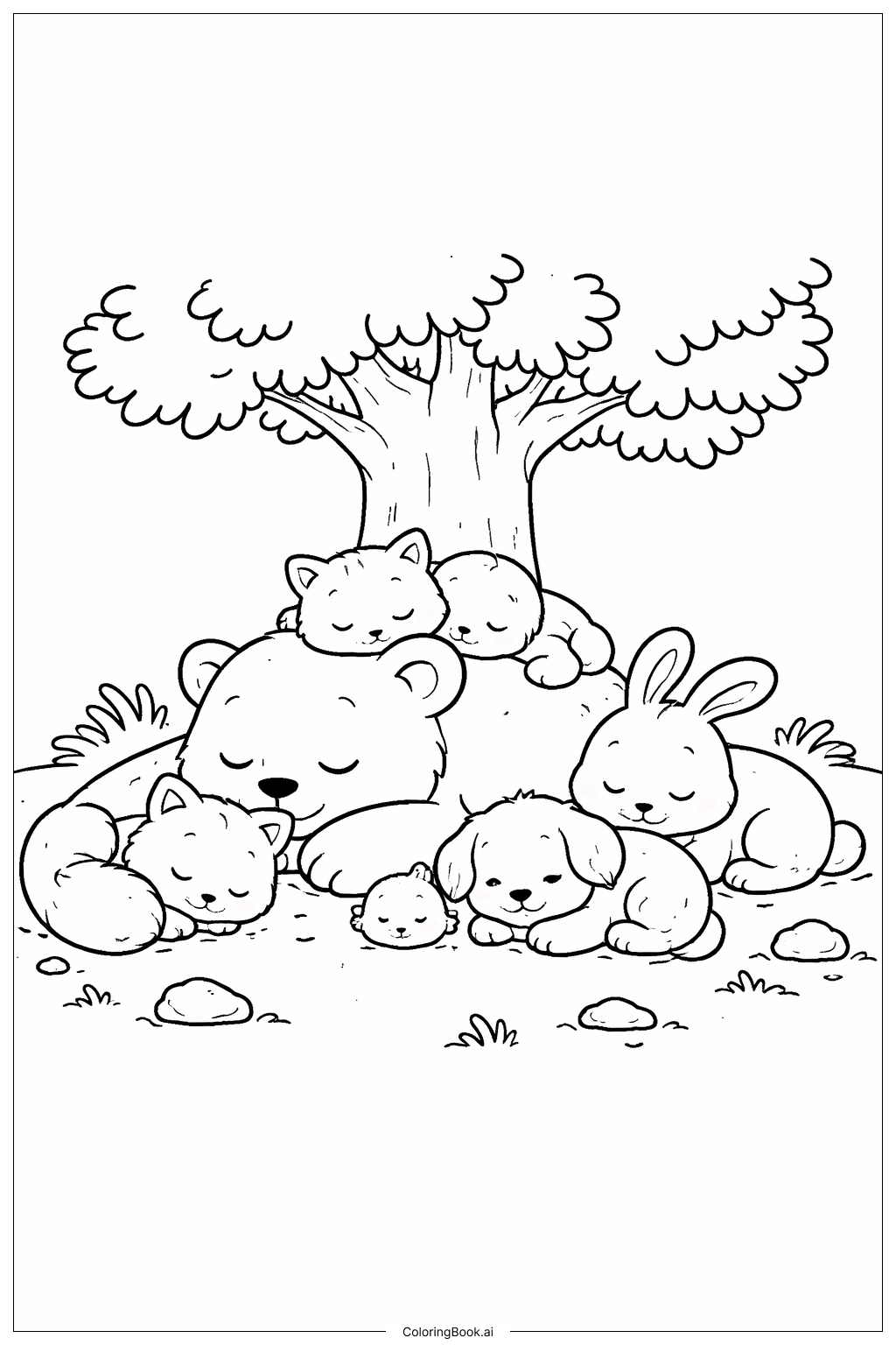  動物園の眠っている動物たちの塗り絵ページ 