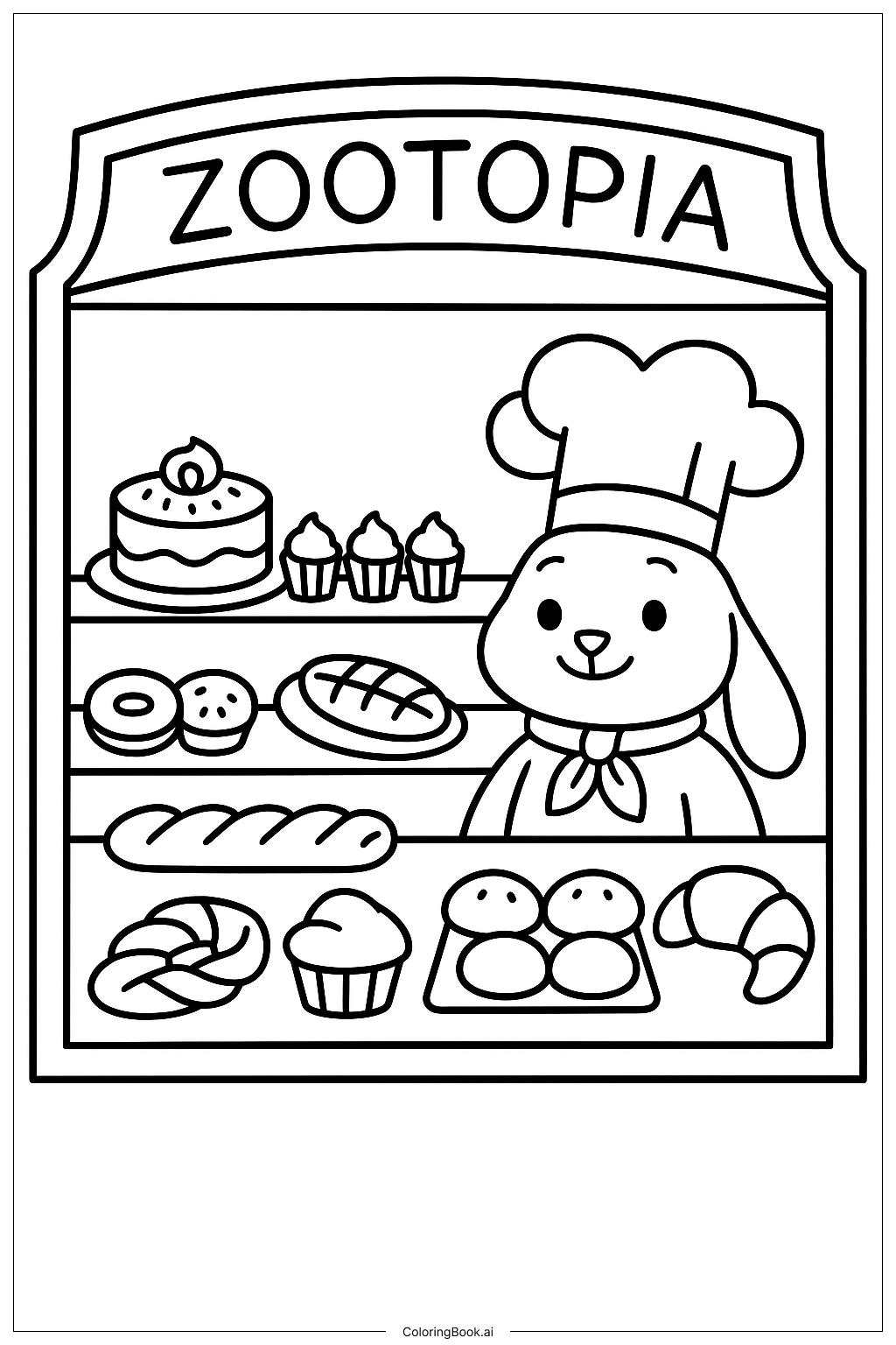  Página para colorear de Ventana de Panadería de Zootopia 