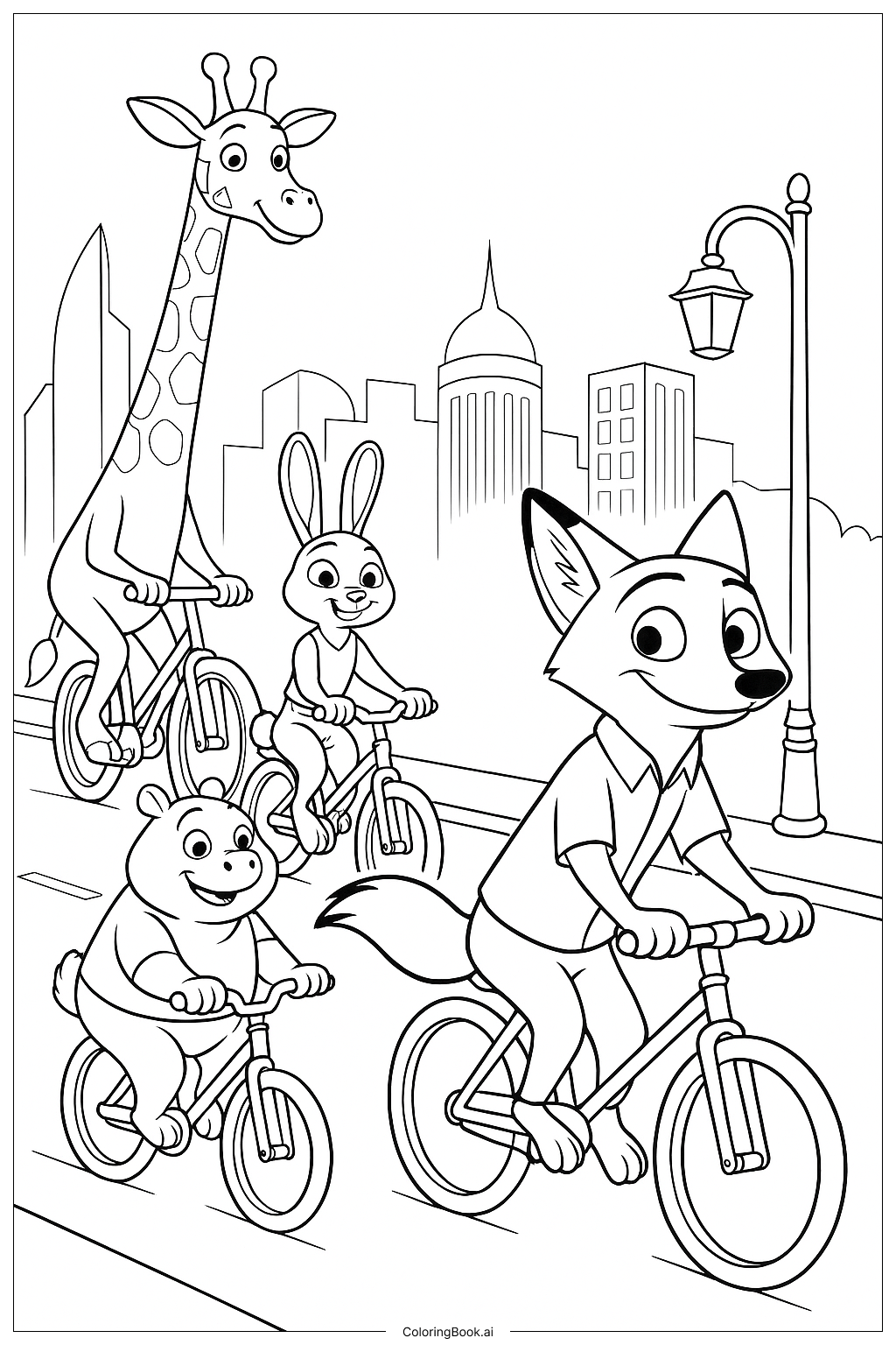  Página para colorear de Paseo en Bicicleta en Zootopía 