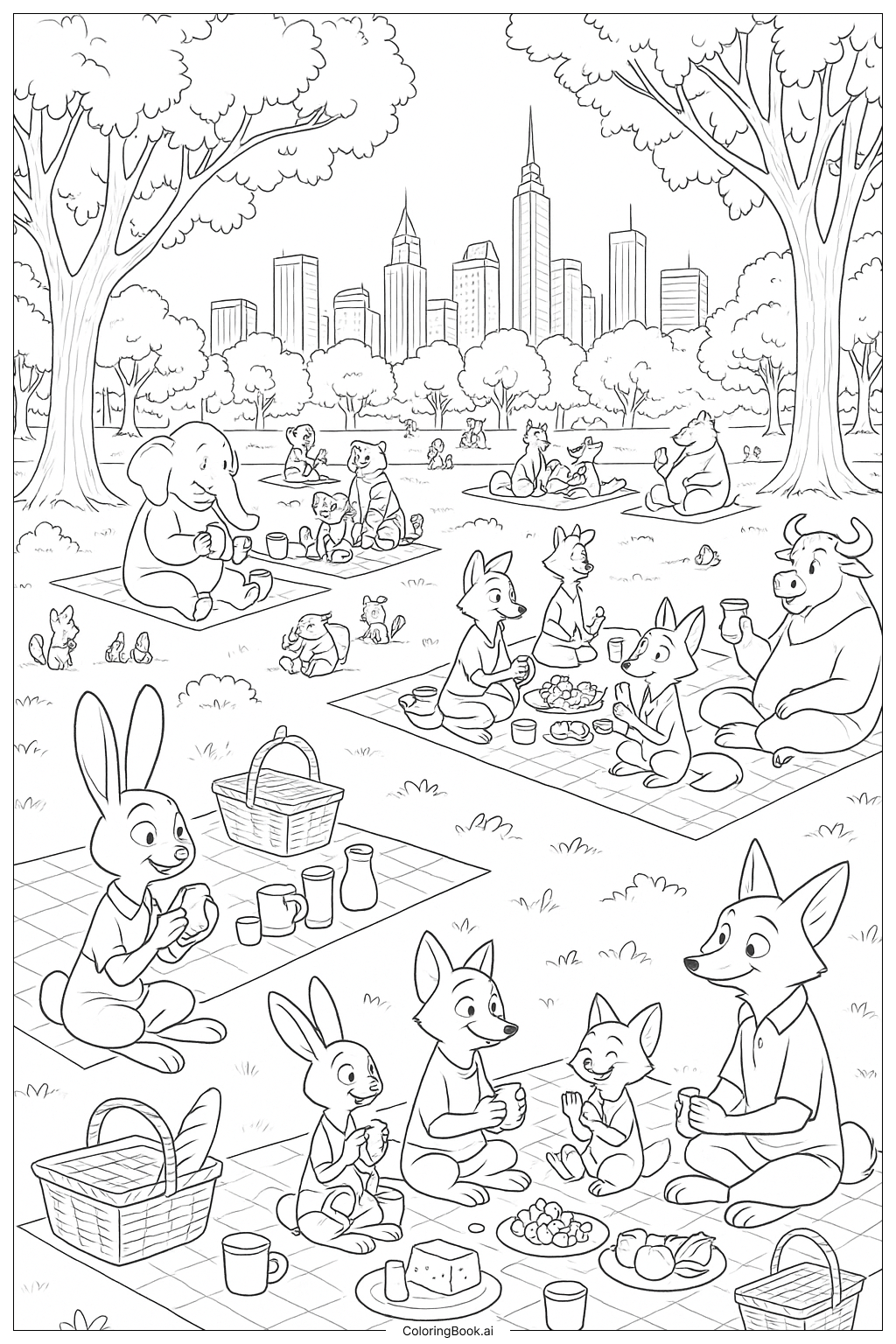  Página para colorir de Piquenique no Central Park de Zootopia 