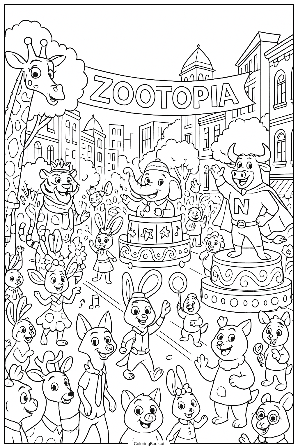  Página para colorear de Desfile del Festival de Zootopía 