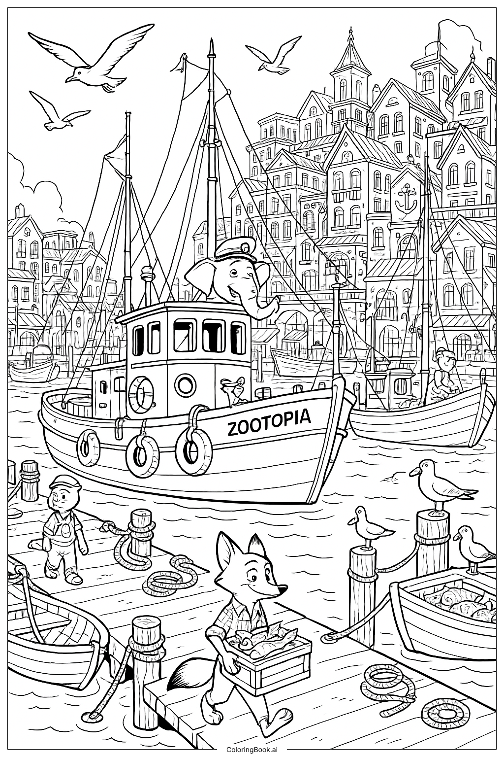  動物方城市港灣景色著色頁 