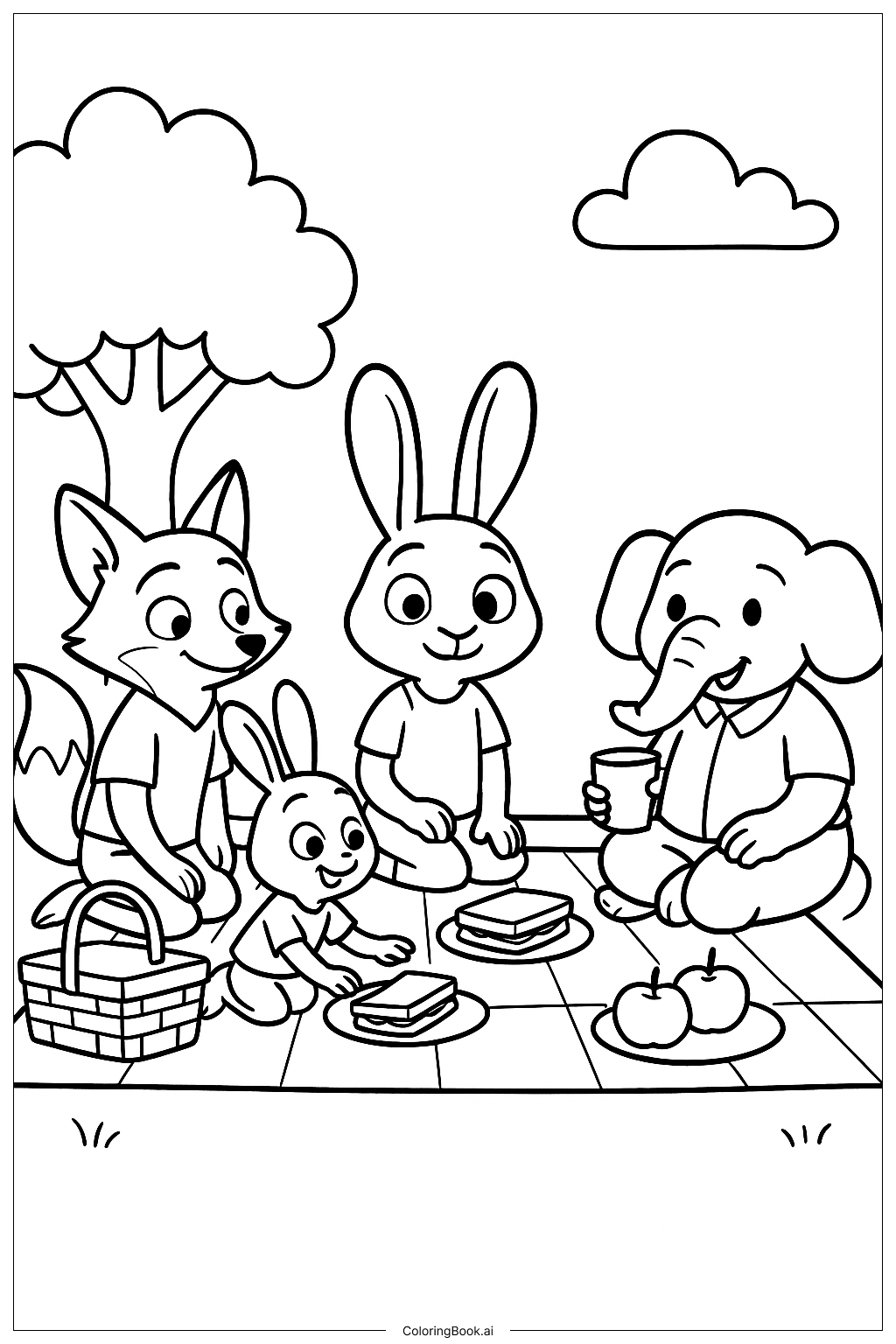  주토피아 공원 소풍 색칠공부 페이지 