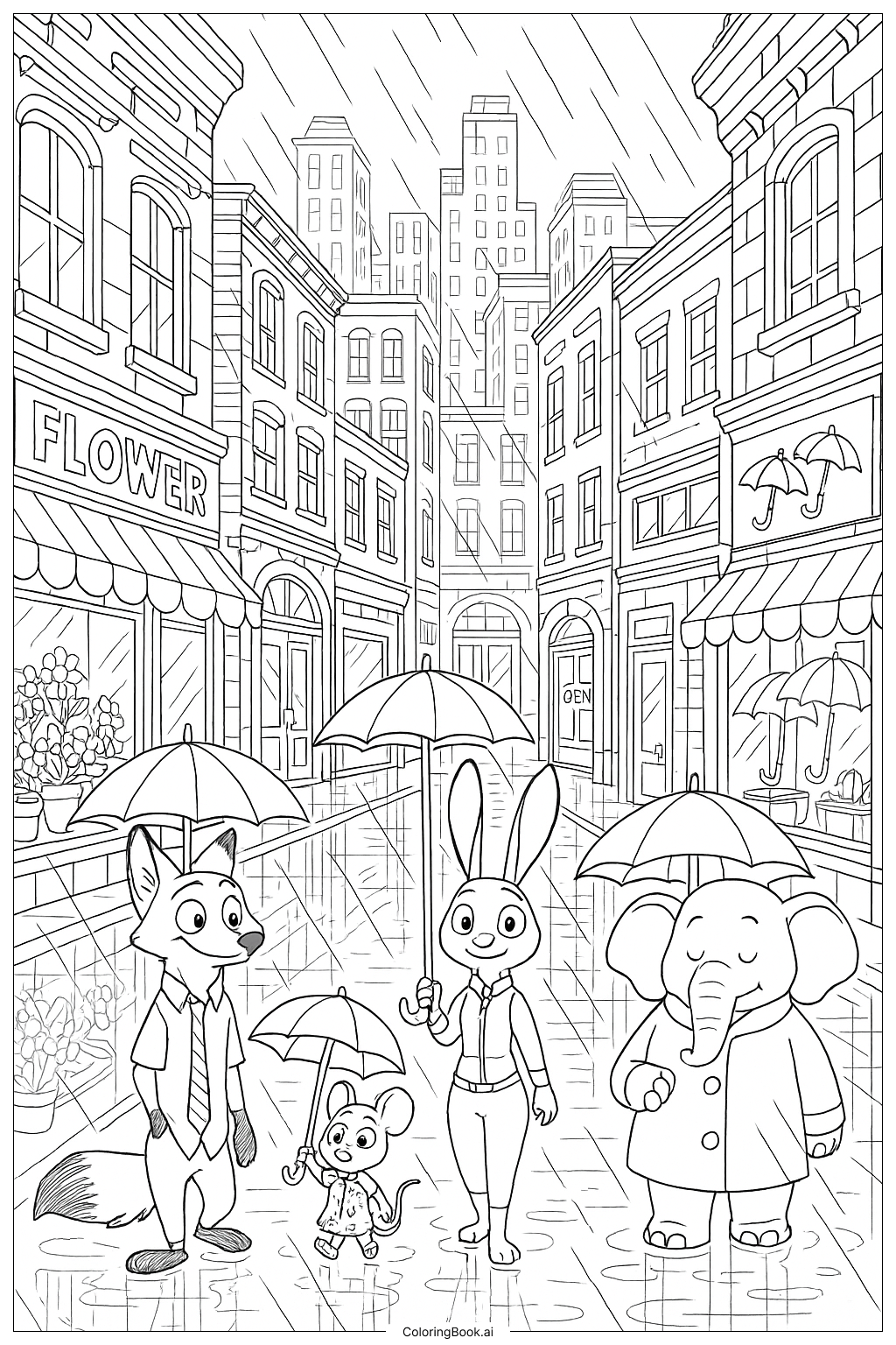  Página para colorir de Cena da Rua Chuvosa em Zootopia 