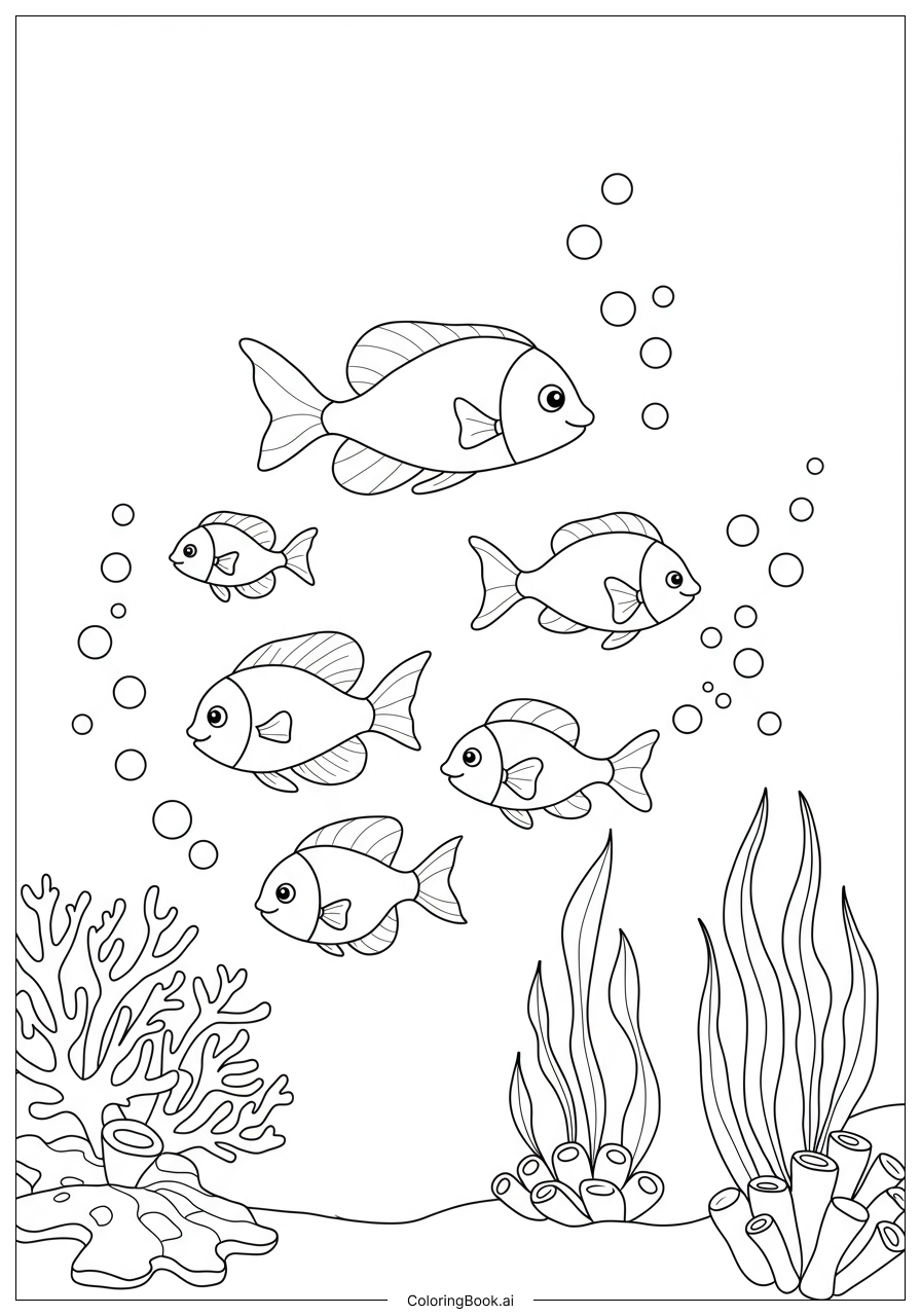 Coloring Page: Colorful Underwater Adventure: A School of Fish Among Coral and Seaweed