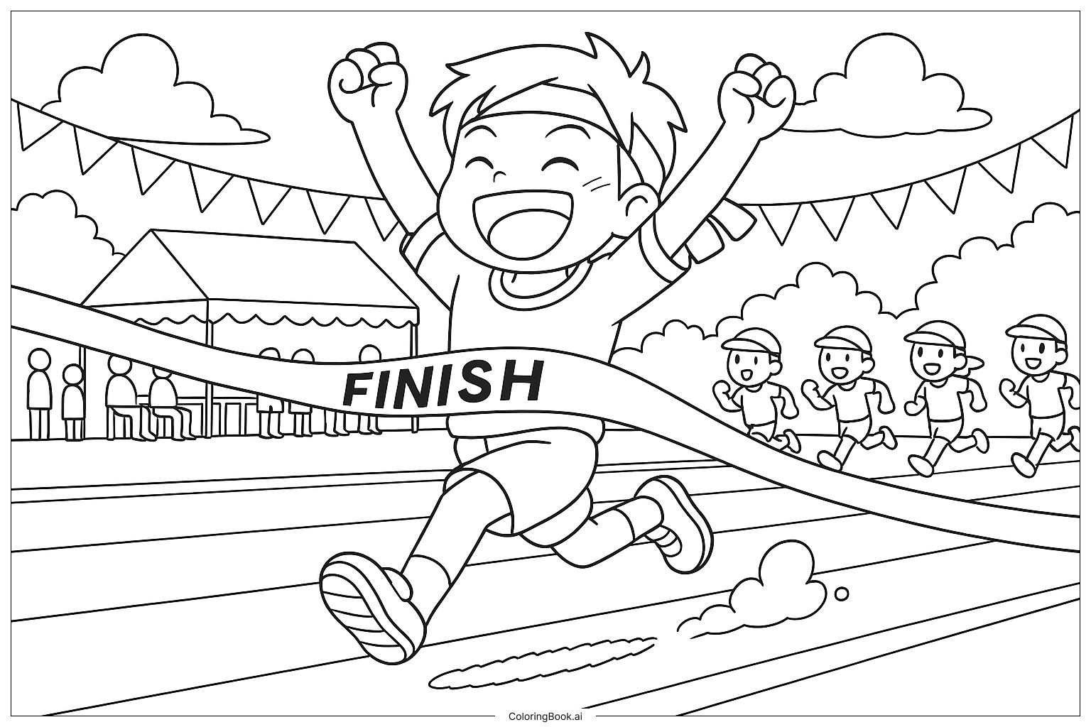 Page de coloriage : Course Joyeuse vers la Victoire : Un Coureur Heureux Franchit la Ligne d'Arrivée avec des Amis Acclamant sur le Côté !