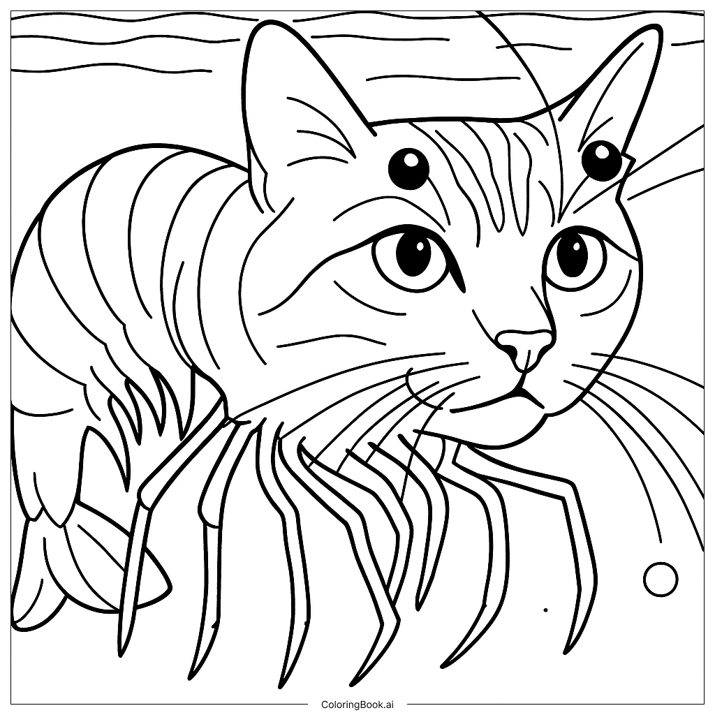 塗り絵：不思議な海の生き物：海老のような特徴を持つ猫が水中冒険を探検しています。