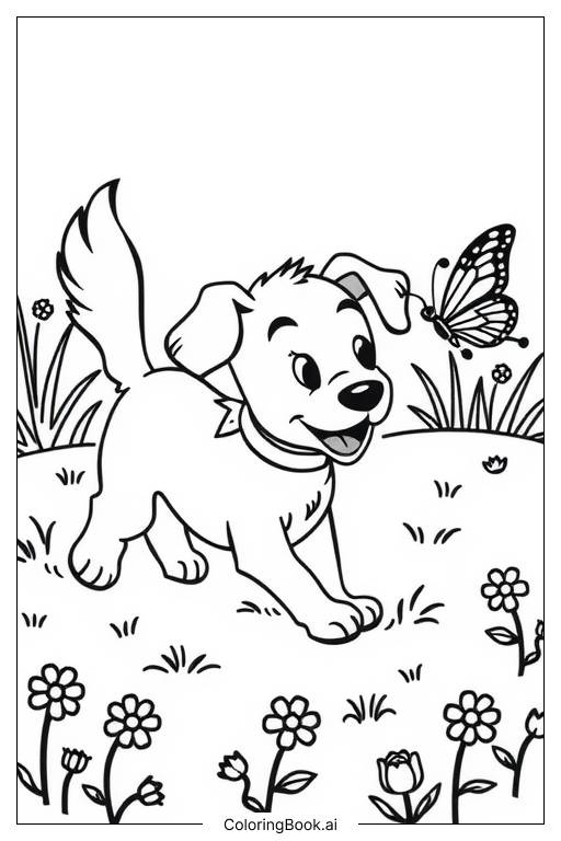 Coloring Page: A playful puppy chasing a butterfly in a flower-filled meadow.
