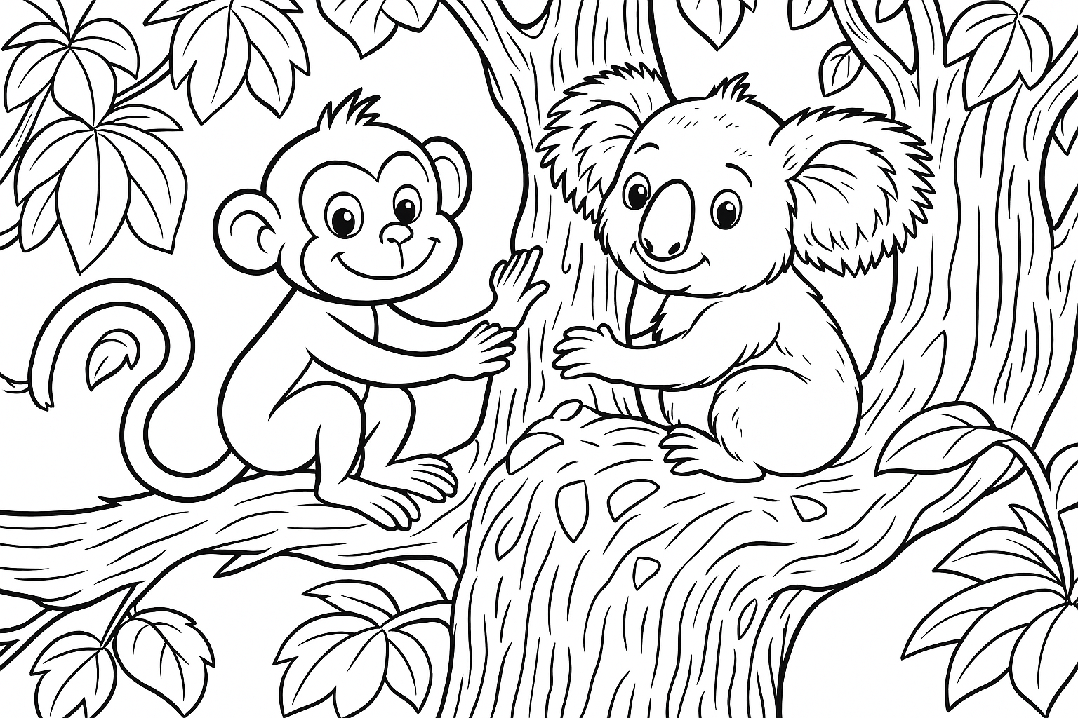 Página para colorear: Encuentro Amistoso: Un Mono y un Koala Disfrutando del Tiempo de Juego en un Árbol