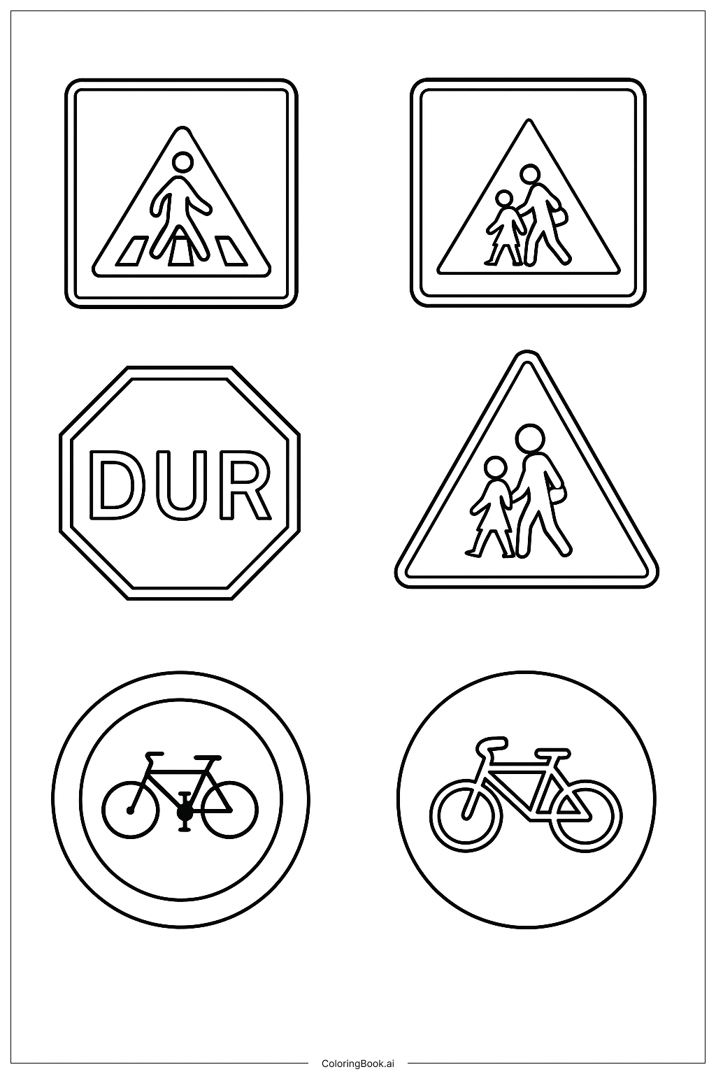 Ausmalbild: Verkehrszeichen und Symbole für Fußgänger und Radfahrer: Ein Ausmalbilder-Abenteuer