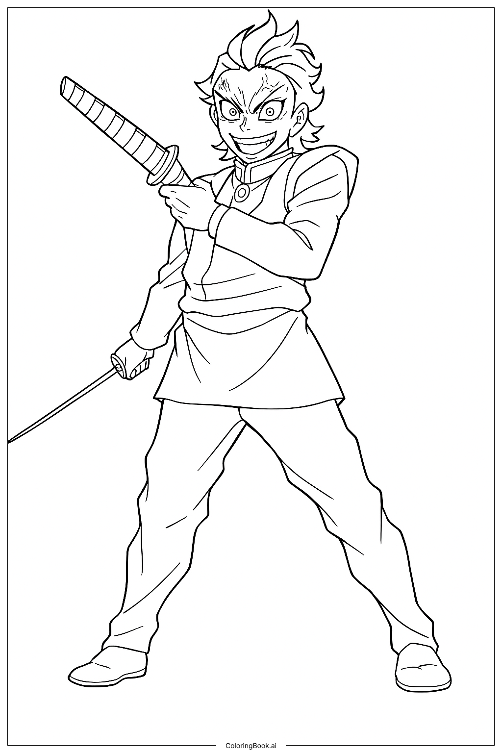 Página para colorear: Guerrero Dinámico Listo para la Batalla: ¡Un Samurái Feroz con Espada!
