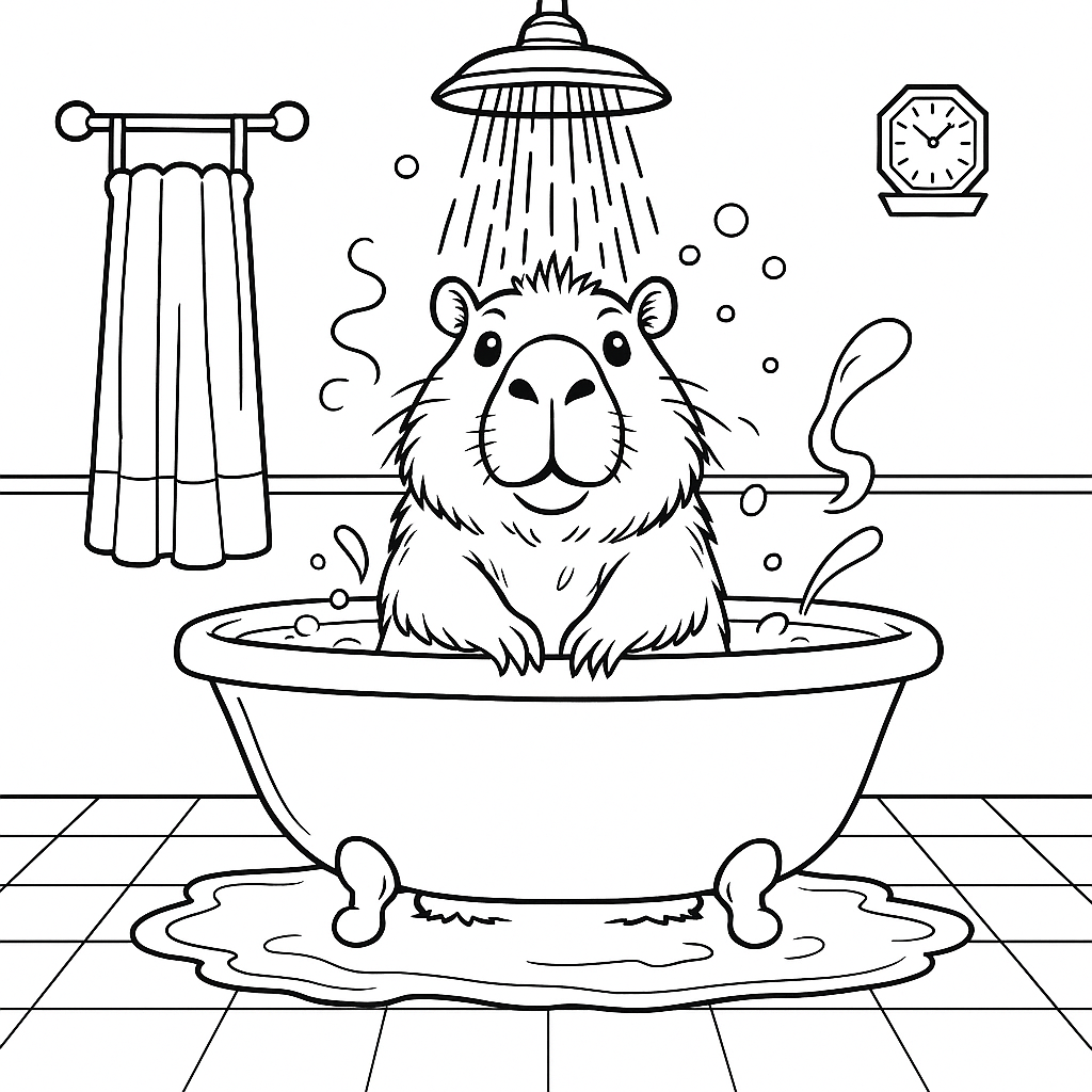 Página para colorir: Aventura Divertida de Banho de uma Capivara em uma Cena de Banheiro Aconchegante