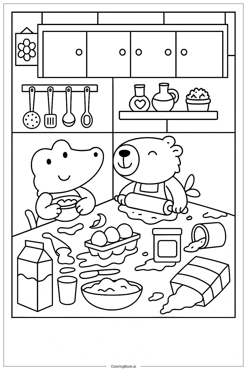 Coloring Page: A Fun and Messy Kitchen Adventure with Friends Baking Together