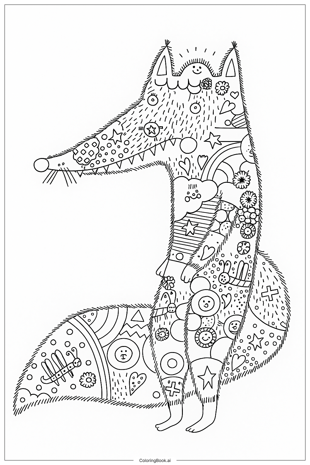 Ausmalbild: Verspielter Fuchs: Ein spaßiges Abenteuer in Mustern und spielerischen Designs