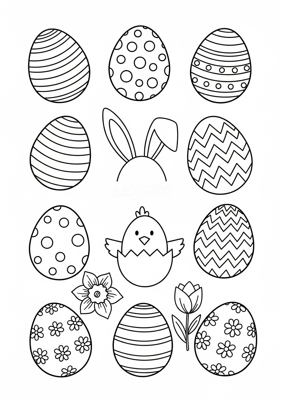 Page de coloriage : Page de coloriage avec motifs d'œufs de Pâques et symboles festifs, incluant des oreilles de lapin, un poussin et des fleurs
