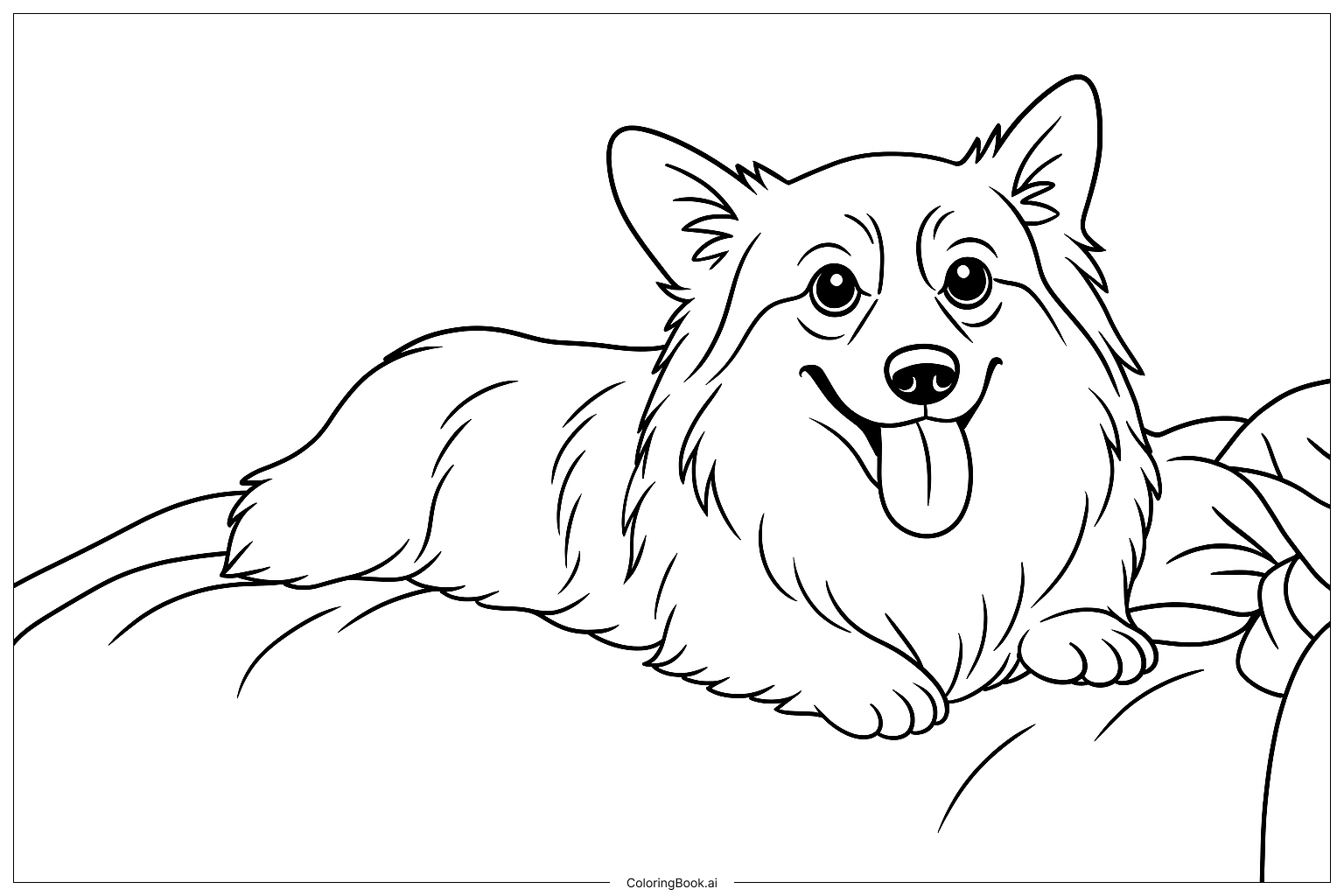 Trang tô màu: Một chú corgi vui vẻ đang nằm trên một cái gối, sẵn sàng cho một chút vui vẻ và ôm ấp.