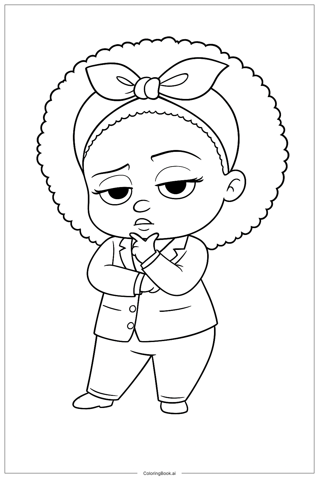 填色頁：自信的捲髮女孩，穿著時尚服裝，準備好征服這一天！