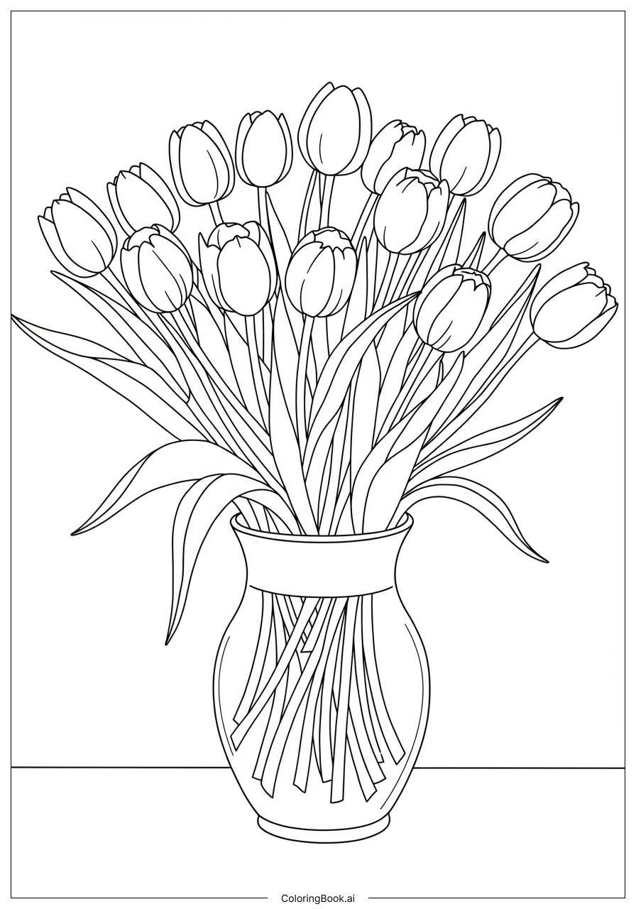 Página para colorear: Un vibrante ramo de tulipanes en un encantador jarrón listo para la diversión de colorear