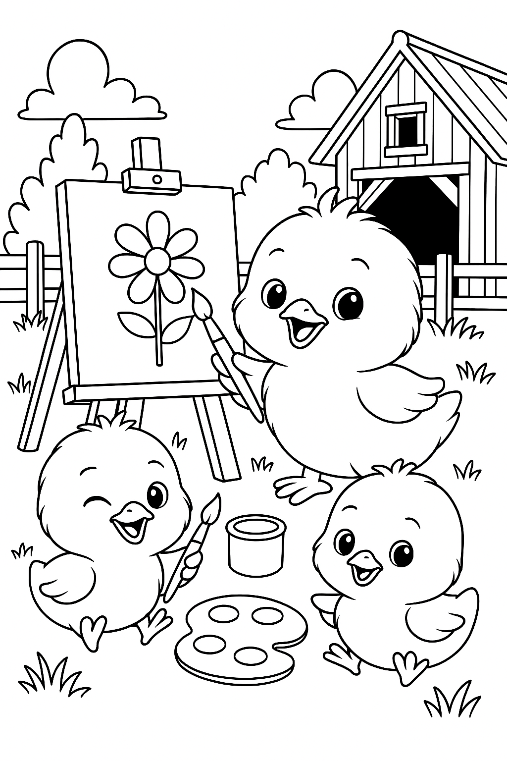 Página para colorear: Encantadores Pajaritos Bebés Pintando una Flor en una Escena de Granja Soleada