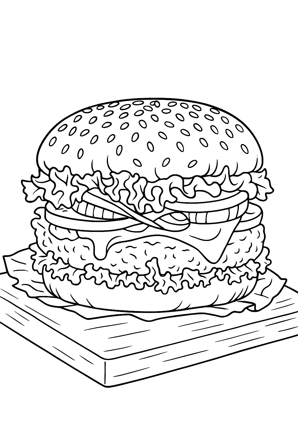 Página para colorear: Deliciosamente Capas: ¡Una Hamburguesa Colorida Listo para Tu Toque Creativo!